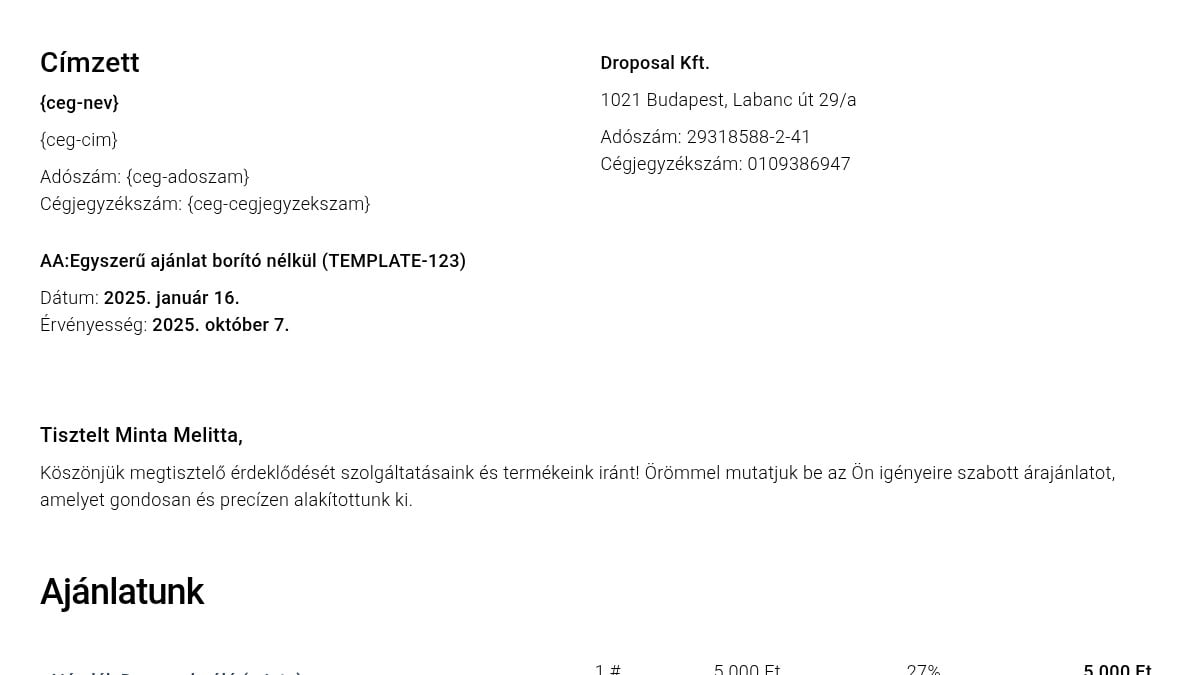 Egyszerű ajánlat borító nélkül