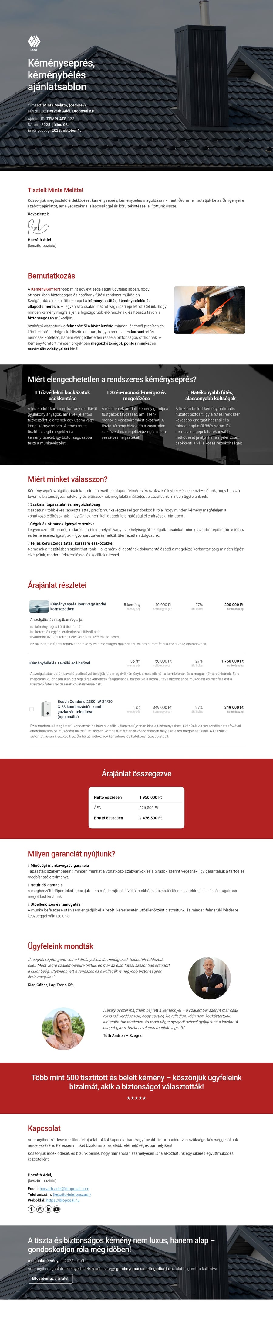 Kéményseprés, kéménybélés ajánlatsablon sablon screenshot
