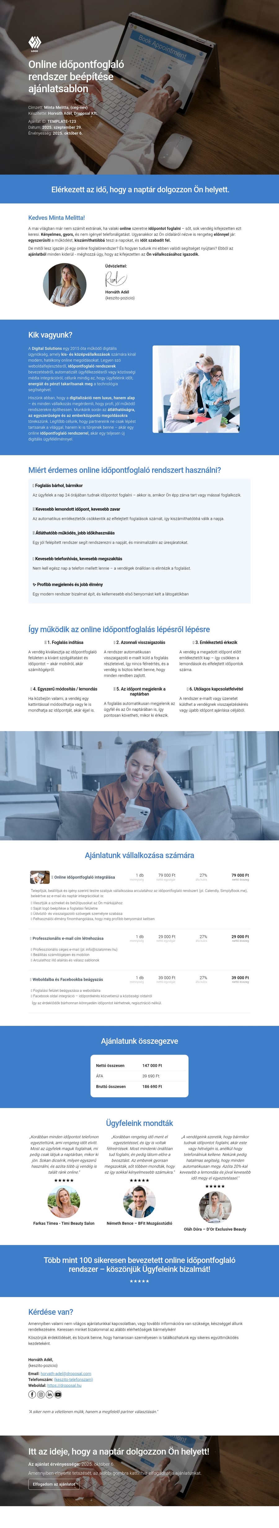 Online időpontfoglaló rendszer beépítése ajánlatsablon sablon screenshot