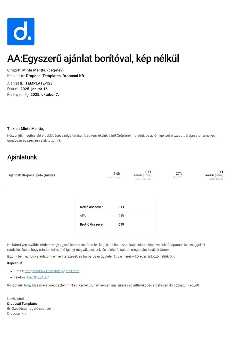 Egyszerű ajánlat borítóval, kép nélkül sablon screenshot