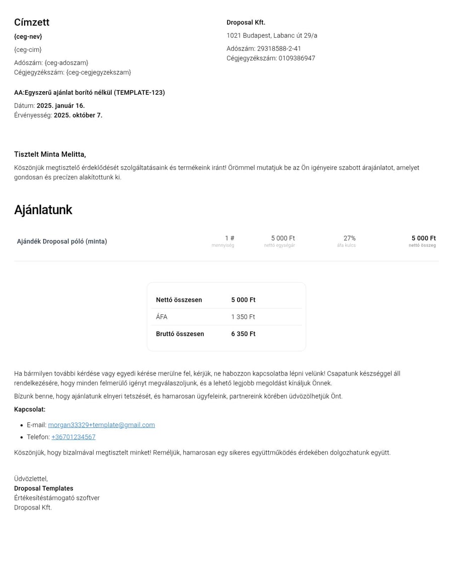 Egyszerű ajánlat borító nélkül sablon screenshot