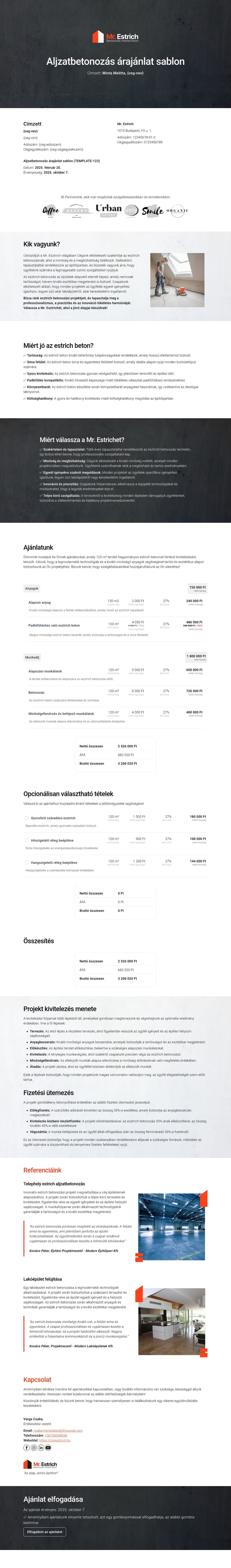 Aljzatbetonozás árajánlat sablon sablon screenshot
