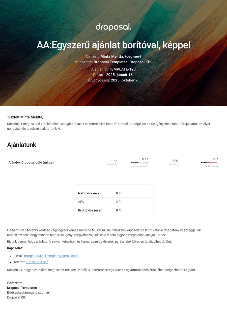 Egyszerű ajánlat borítóval, képpel sablon screenshot