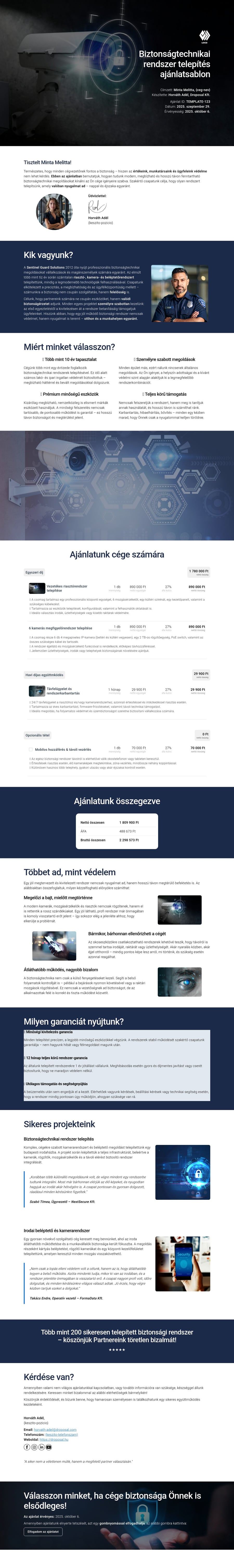 Biztonságtechnikai rendszer telepítés ajánlatsablon sablon screenshot
