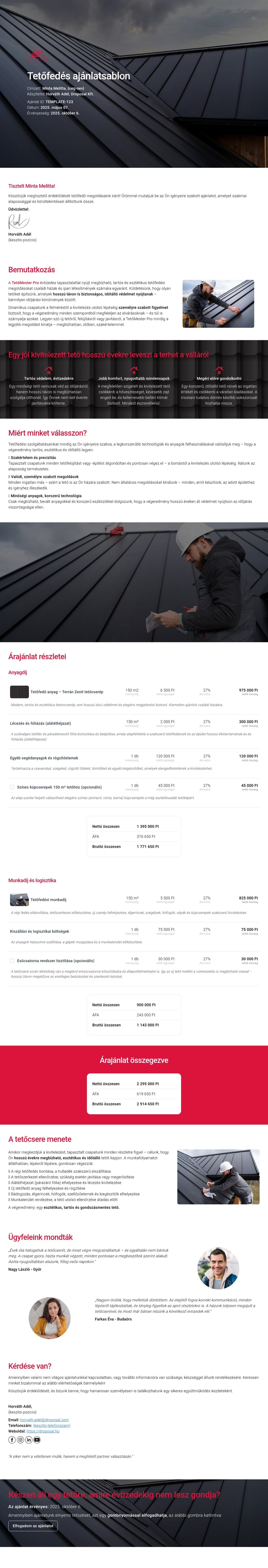 Tetőfedés ajánlatsablon sablon screenshot