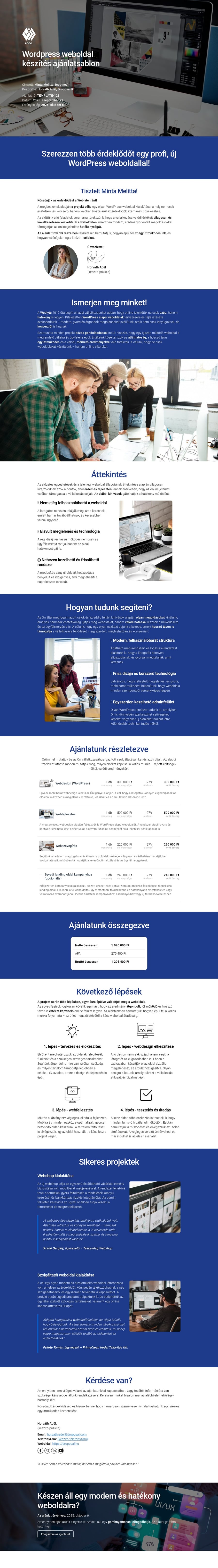 Wordpress weboldal készítés ajánlatsablon sablon screenshot