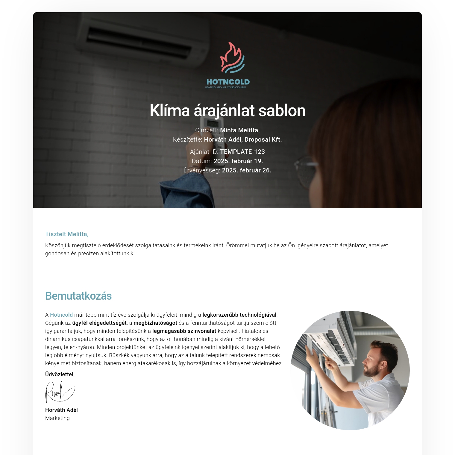 Klíma árajánlat sablon