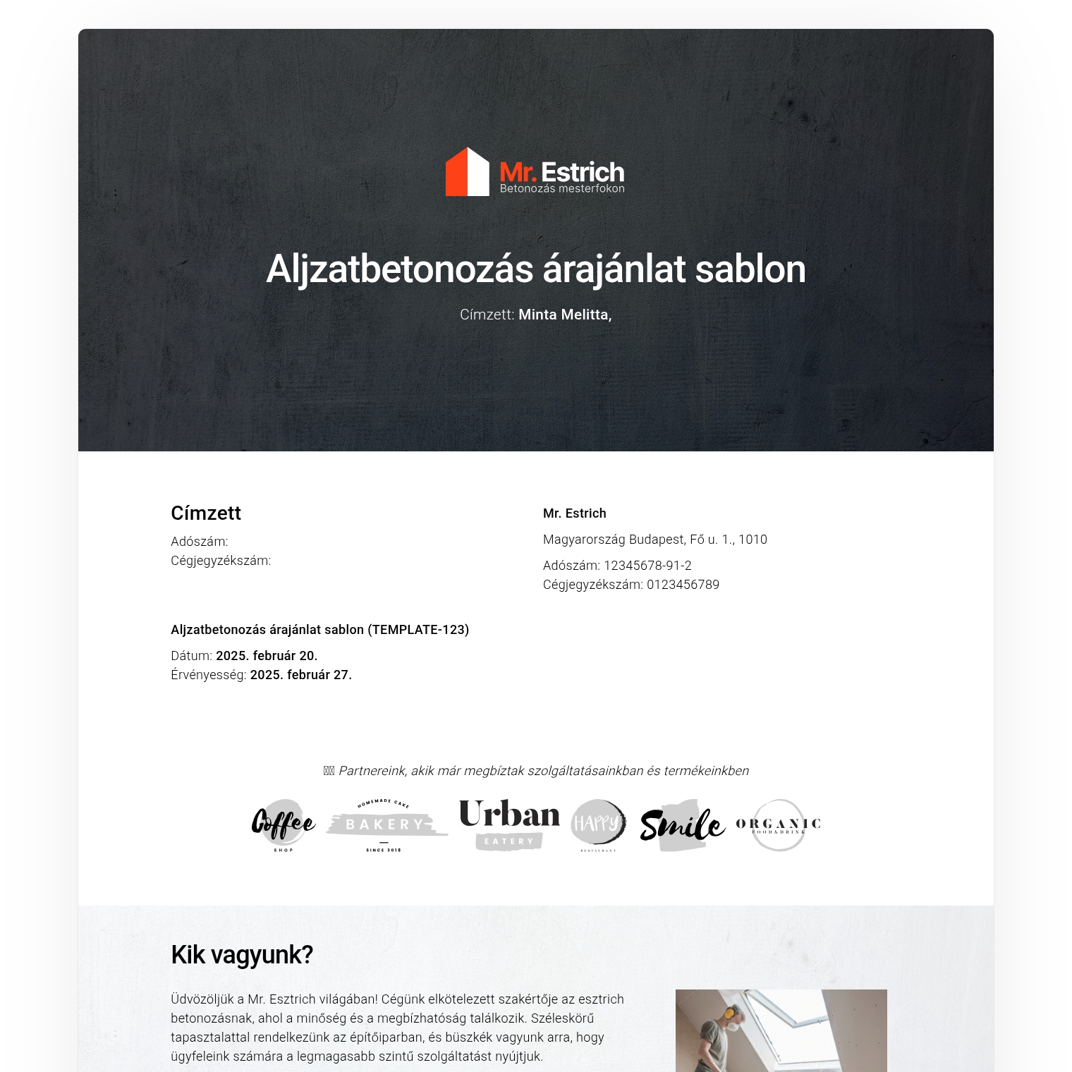 Aljzatbetonozás árajánlat sablon