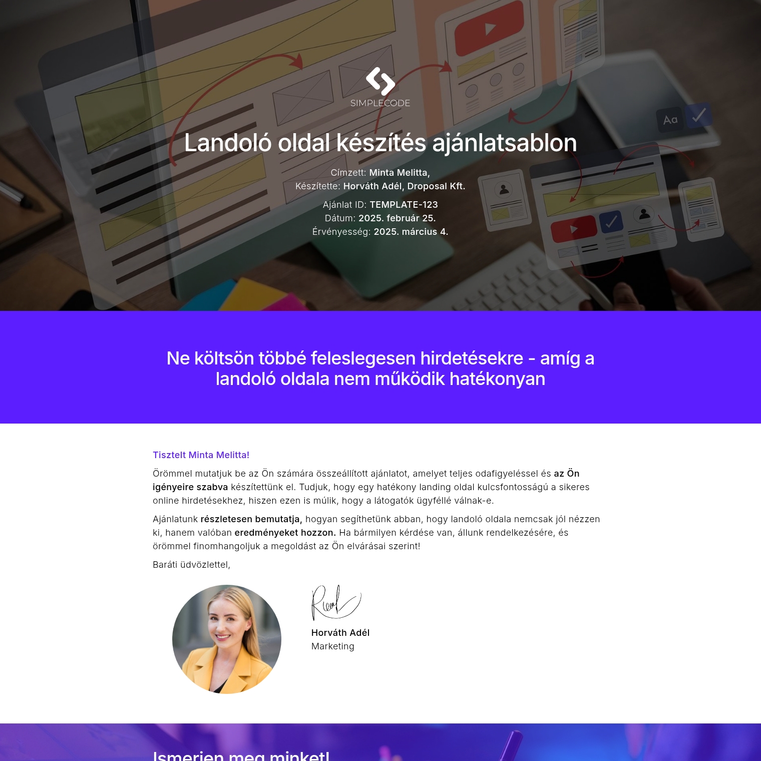 Landoló oldal készítés ajánlatsablon
