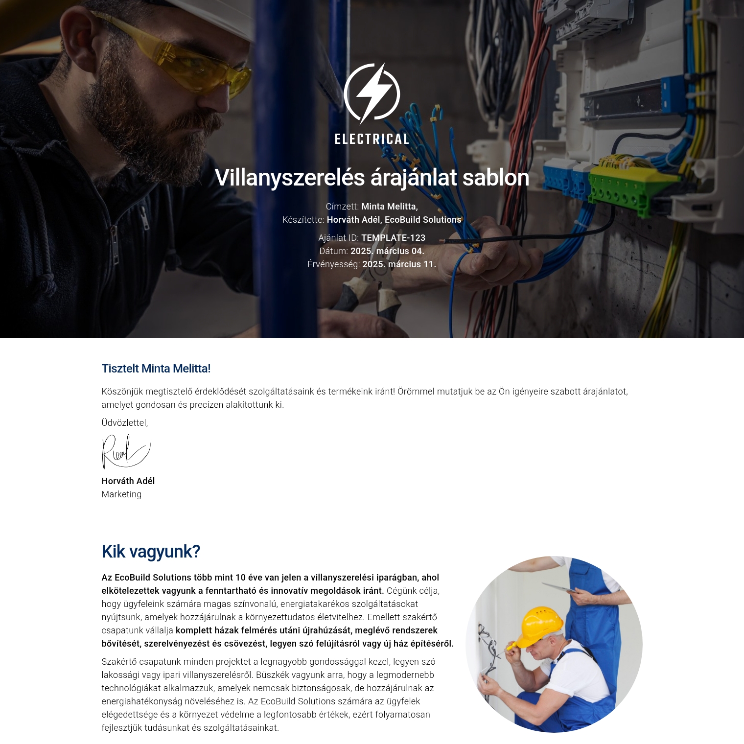 Villanyszerelés árajánlat sablon
