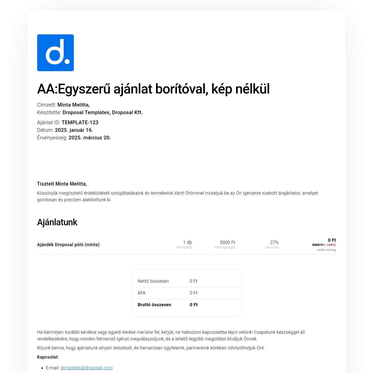 Egyszerű ajánlat borítóval, kép nélkül