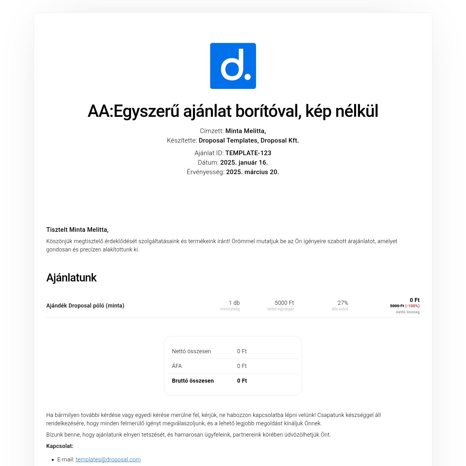 Egyszerű ajánlat borítóval, kép nélkül