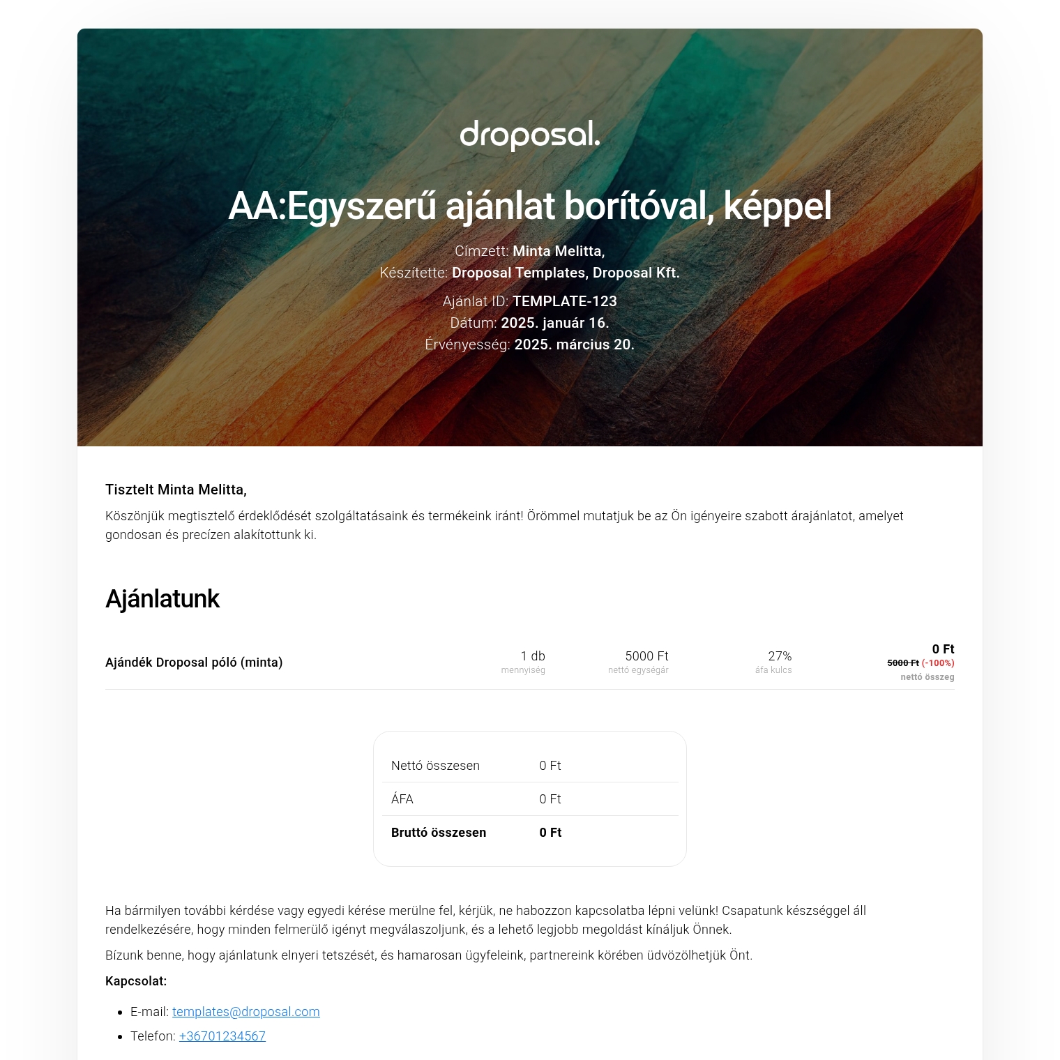 Egyszerű ajánlat borítóval, képpel