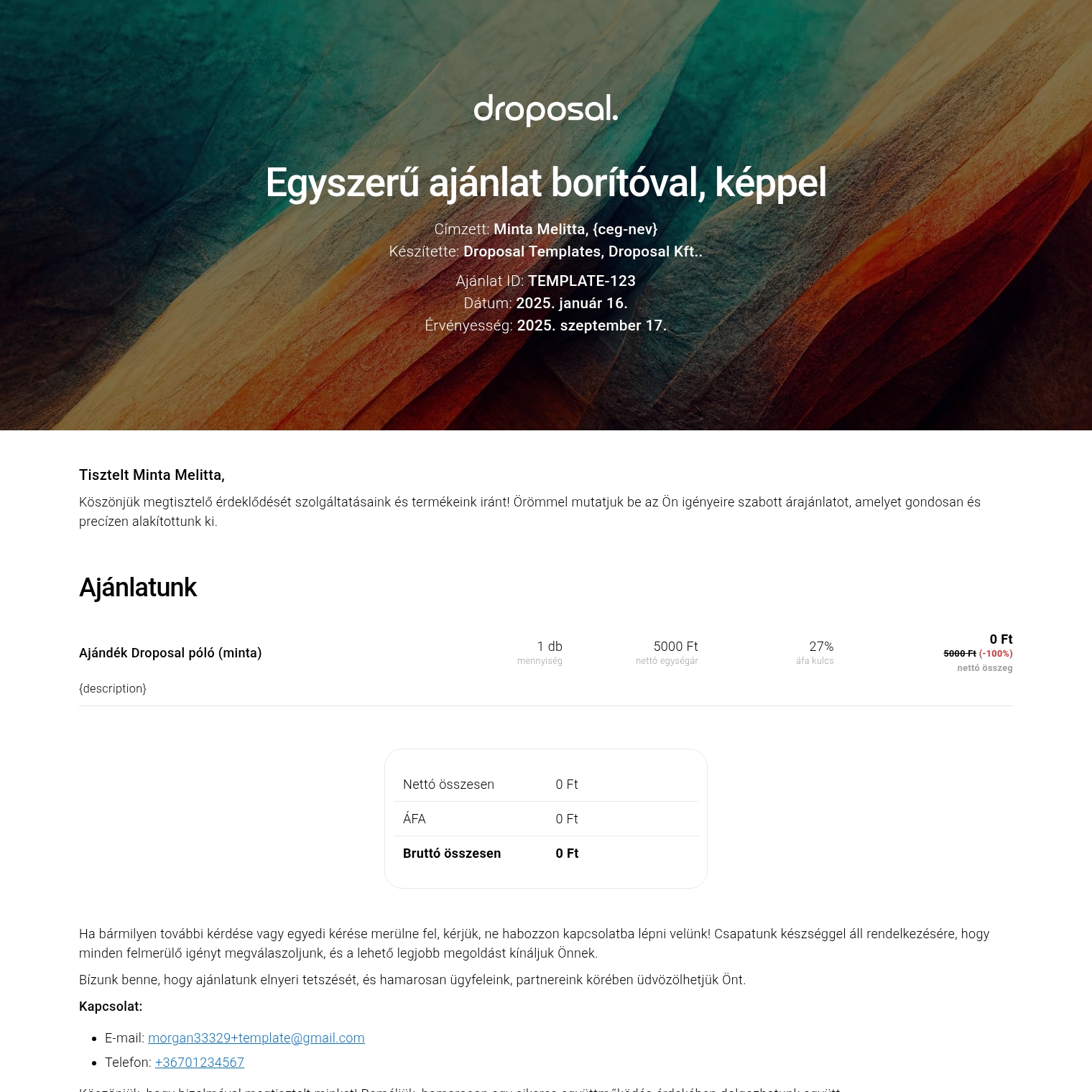 Egyszerű ajánlat borítóval, képpel
